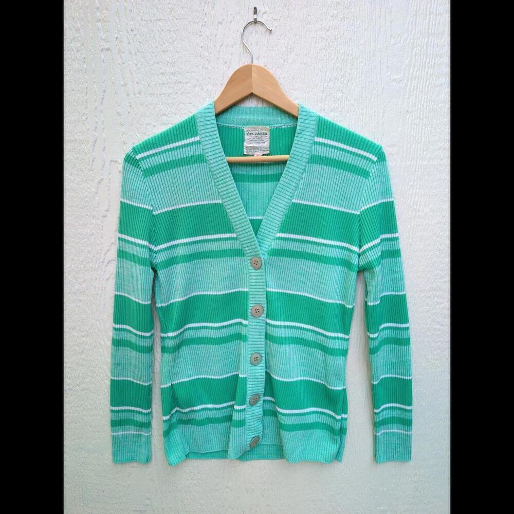 Vintage Alex Colman Green Striped Knit Button Up Cardigan Women's Size Medium